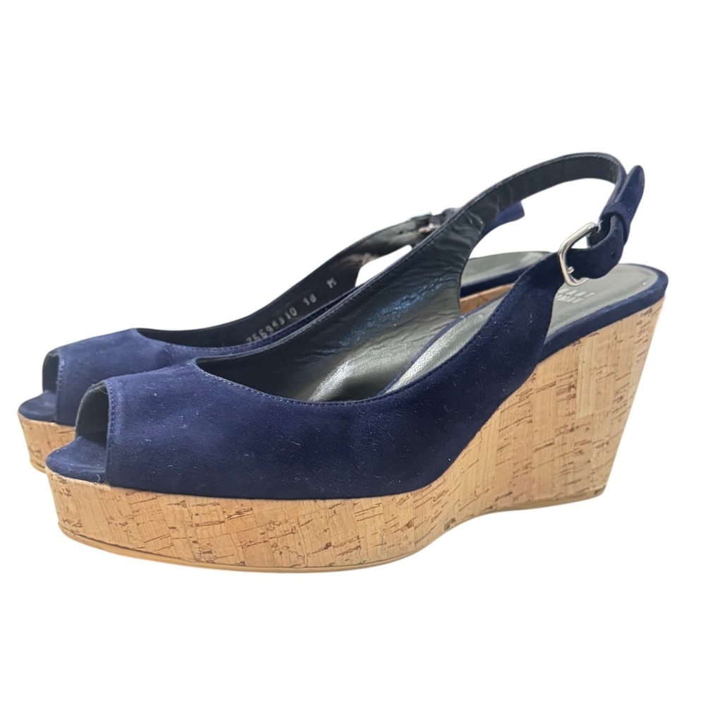 Stuart Weitzman Wedge Sandals Womens 10 Navy Blue Excellent Suede Cork Slingback